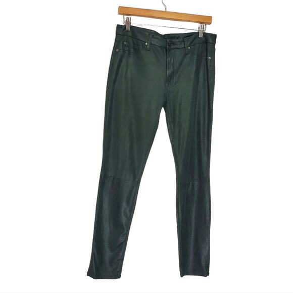 7 For All Mankind | Dark Green Faux Leather Snakeskin Skinny Fit Knee Seam Pants - Picture 1 of 10